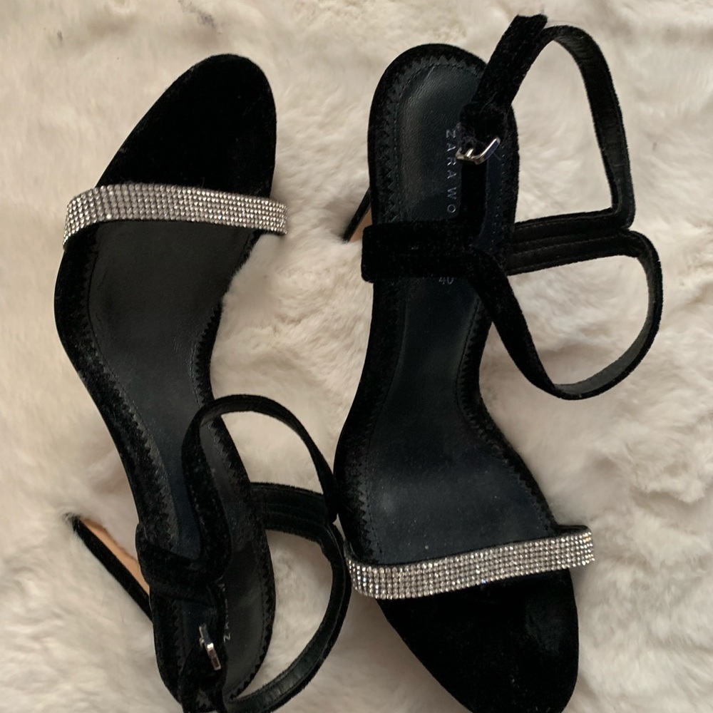 Zara women’s black velvet heeled sandals with rhinestones
